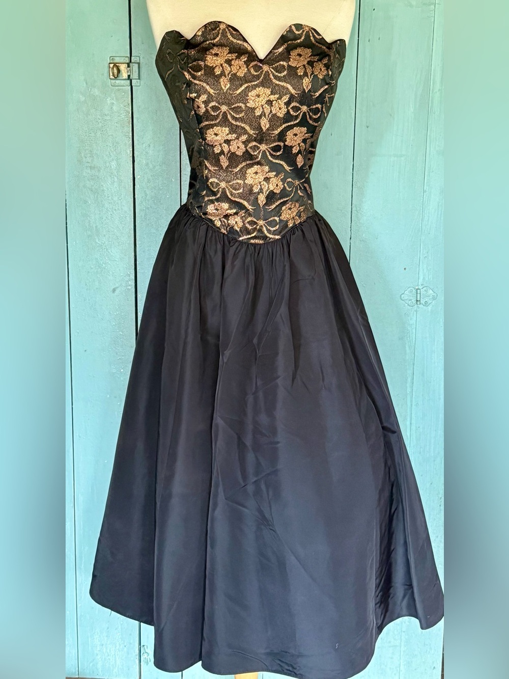 VTG GUNNE SAX Black Gold Corset Self Bust Dress Sweetheart Formal Gown M
